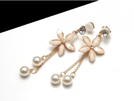 Cercei clips lungi cu floare roz, lant si perle